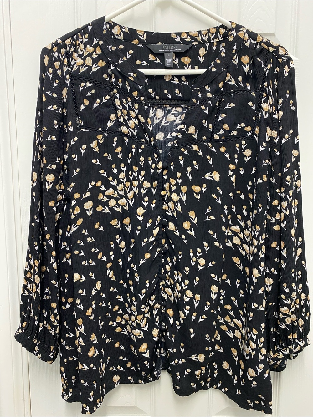 White House Black Market Black Floral Split-Front Blouse